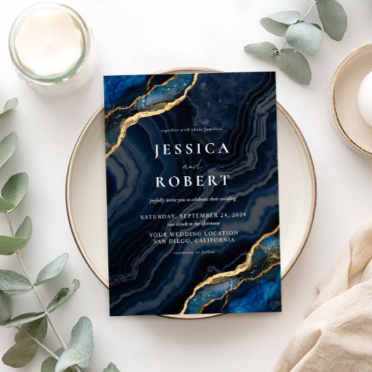 ネイビーブルー アゲート 大理石 エレガント ウェディング 招待状