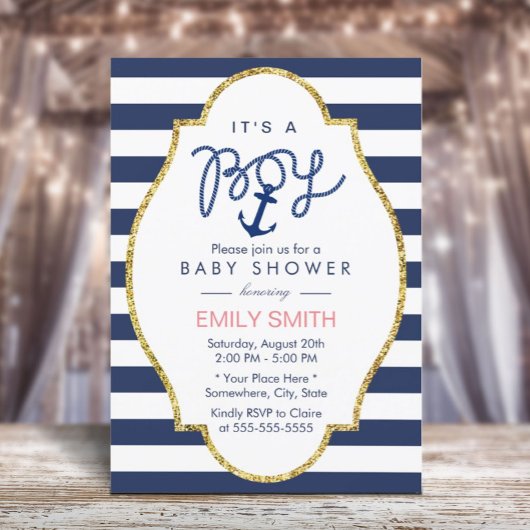 ネイビーブルー アンカー 海事 ストライプ 男の子 ベビーシャワー 招待状