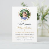 ネイビーブルー·アンド·金ゴールドカスタムフォトファースト·コミュニオン 招待状 (スタンド正面)