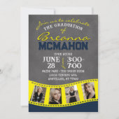 ネイビーブルー&イエローシャルボードフィルムストリップ卒業 招待状 (正面)