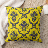 ネイビーブルー&イエローヴィンテージフローラダマスク クッション (ブランケット)