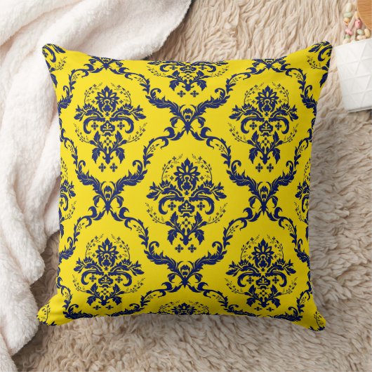 ネイビーブルー&イエローヴィンテージフローラダマスク クッション (ブランケット)