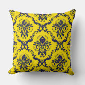 ネイビーブルー&イエローヴィンテージフローラダマスク クッション (正面)