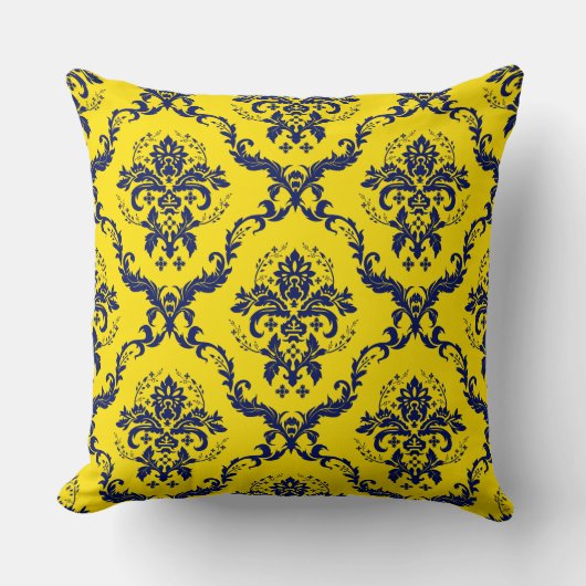ネイビーブルー&イエローヴィンテージフローラダマスク クッション (正面)