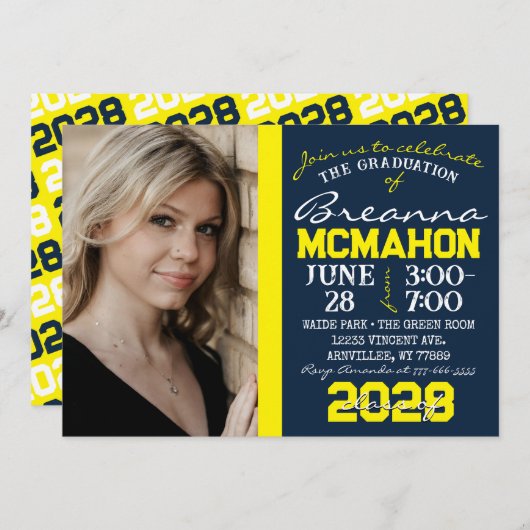 ネイビーブルー&イエロー卒業写真招待状 招待状 (正面/裏面)