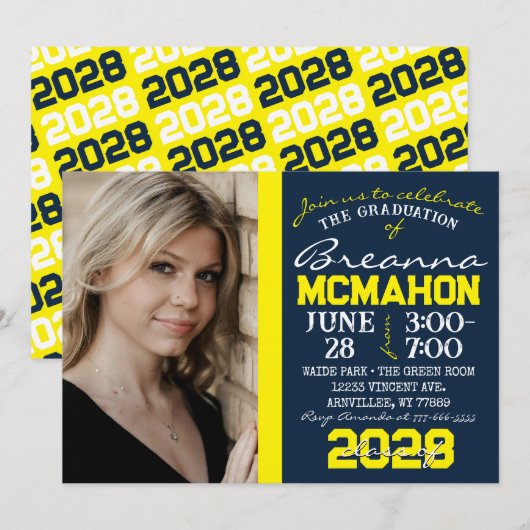 ネイビーブルー & イエロー 卒業写真招待状 招待状 (正面/裏面)