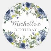 ネイビーブルー イエロー 水彩 花柄 誕生日 ラウンドシール (正面)