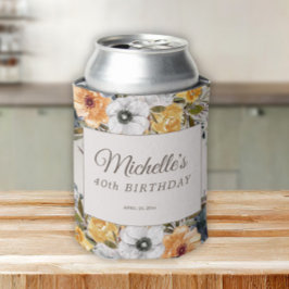 ネイビーブルー+イエロー+花+ラメ+40歳の誕生日+名前 缶クーラー