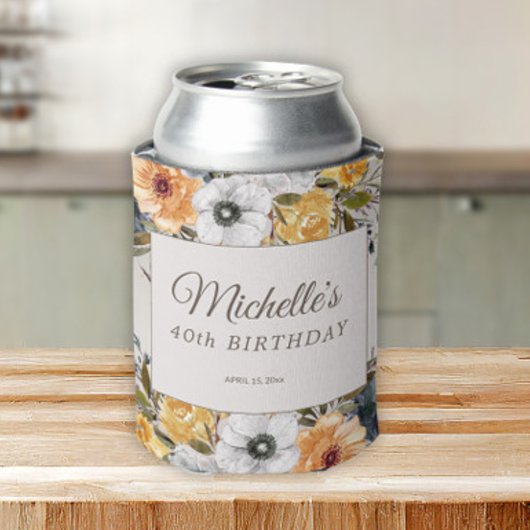 ネイビーブルー+イエロー+花+ラメ+40歳の誕生日+名前 缶クーラー