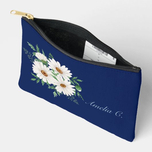 ネイビーブルー&ウォータカラーデイジー化粧品バッグ アクセサリーポーチ (見開き)