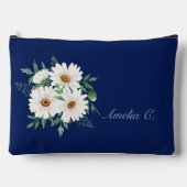 ネイビーブルー&ウォータカラーデイジー化粧品バッグ アクセサリーポーチ (正面)