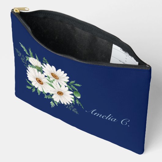 ネイビーブルー&ウォータカラーデイジー化粧品バッグ アクセサリーポーチ (見開き)