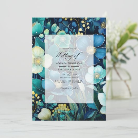 ネイビーブルー、エメラルドグリーンとシルバー結婚フローラ 招待状 (スタンド正面)