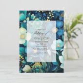 ネイビーブルー・エメラルドグリーン・シルバーの花柄 ウェディング 招待状 (スタンド正面)