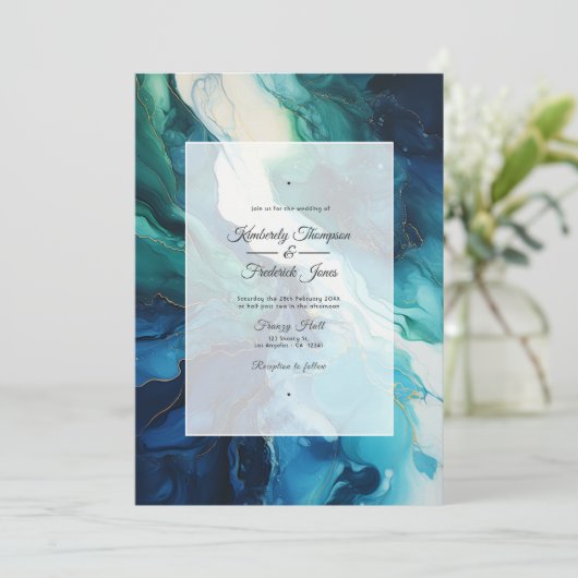 ネイビーブルー・エメラルドグリーン・シルバーインクの結婚式 招待状 (スタンド正面)