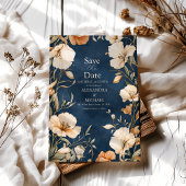 ネイビーブルー  エレガントなアイボリーの花のウェディング セーブザデート