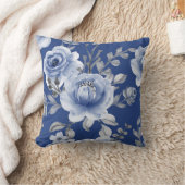 ネイビーブルー&エレガントウォーモダンターカラーフローラ クッション (ブランケット)