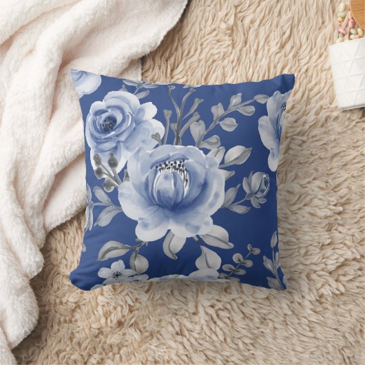 ネイビーブルー&エレガントウォーモダンターカラーフローラ クッション (ブランケット)