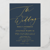 ネイビーブルー エレガント ゴールド フォトオーバーレイ ウェディング 箔招待状 (正面)