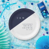 ネイビーブルー エレガント シック モノグラム ブライダルシャワー ペーパープレート (パーティー)