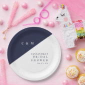 ネイビーブルー エレガント シック モノグラム ブライダルシャワー ペーパープレート (パーティー)