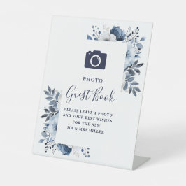 ネイビーブルー エレガント フラワー フォト ゲストブック ウェディング 台座サイン