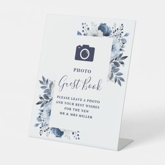 ネイビーブルー エレガント フラワー フォト ゲストブック ウェディング 台座サイン (正面)