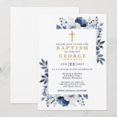 ネイビーブルー エレガント フラワー ボタニカル モダン 洗礼式招待状 招待状 (正面/裏面)