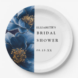 ネイビーブルー エレガント モダン フラワー ブライダルシャワー ペーパープレート
