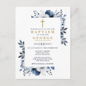 ネイビーブルー エレガント モダン フラワー 洗礼招待状 ポストカード (正面)