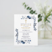 ネイビーブルー エレガント モダン フラワー 洗礼招待状 ポストカード (スタンド正面)
