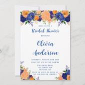 ネイビーブルー&オレンジ花模様ブライダルシャワー 招待状 (正面)