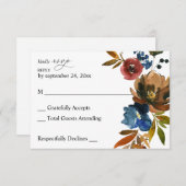 ネイビーブルー、オレンジ、ブラウンフローラノミールRSVPカード 出欠カード (正面/裏面)