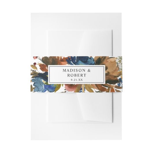 ネイビーブルー、オレンジ、ブラウン秋フローラ3 招待状ベリーバンド (正面例)