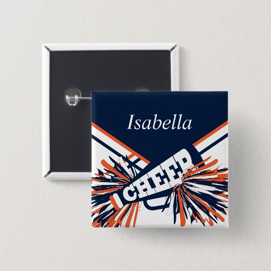 ネイビーブルー、オレンジ、ホワイトのチアリーダーの衣装 缶バッジ (正面&裏面)