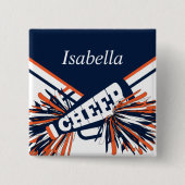 ネイビーブルー、オレンジ、ホワイトのチアリーダーの衣装 缶バッジ (正面)