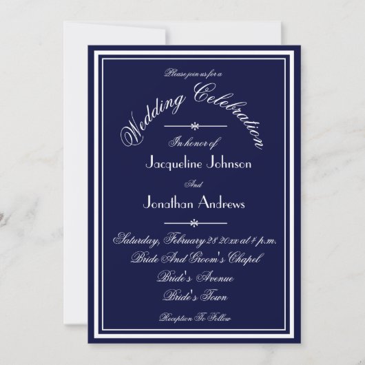 ネイビーブルー　オールインワン　Eメール　ウェブサイト　ＲＳＶＰ　ウェディング 招待状 (正面)