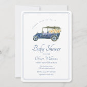 ネイビーブルー クラシック カー フラワー ベビー シャワー 招待状 (正面)