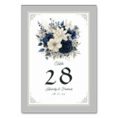 ネイビーブルー、クリームとシルバーのフローラ結婚ズ テーブルナンバー (裏面)