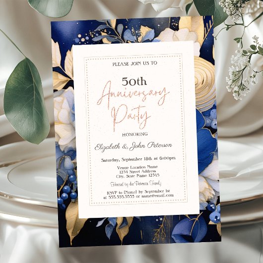 ネイビーブルー クリーム色の花 結婚記念日 招待状