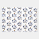 ネイビーブルー クリーム ピンク 花模様 かぼちゃ 誕生日 ラッピングペーパーシート (正面2)