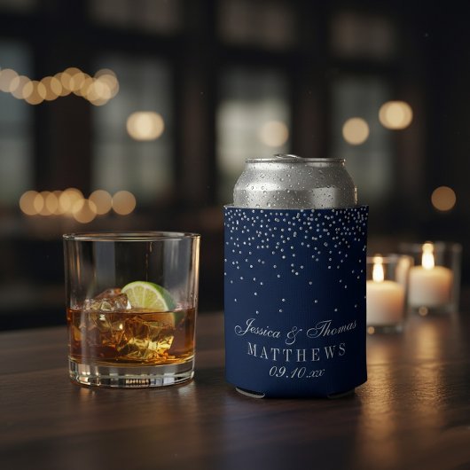 ネイビーブルー&グラムシルバー結婚紙吹雪 缶クーラー