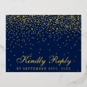 ネイビーブルー&グラム紙吹雪ウェディングRSVP 実在 箔招待状ポストカード (正面)