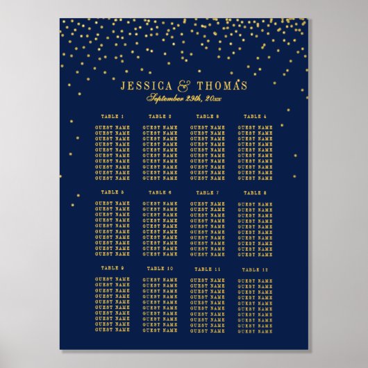 ネイビーブルー&グラム金ゴールド結婚紙吹雪の座席 箔ポスター (正面)