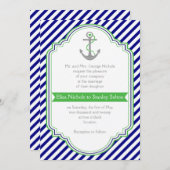 ネイビーブルー、グリーンいかりストライプ&航海の結婚ズ 招待状 (正面/裏面)
