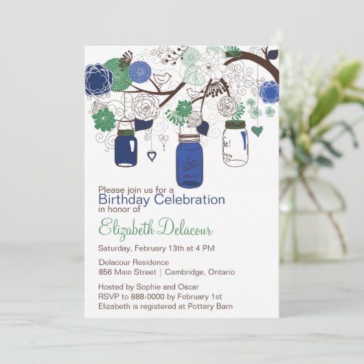 ネイビーブルー&グリーンメイソンジャース誕生日招待状 招待状 (スタンド正面)