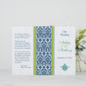 ネイビーブルー，グリーン，ティール（緑がかった色）ダマスク結婚式プログラム (スタンド正面)
