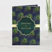 ネイビーブルー グリーン ペコック フェザーズ QR コード ウェディング 招待状 (正面)