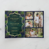 ネイビーブルー グリーン ペコック フェザーズ QR コード ウェディング 招待状 (内部)