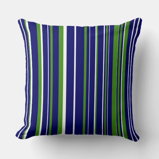 ネイビーブルー、グリーン、ホワイトのバーコードストライプ クッション (正面)